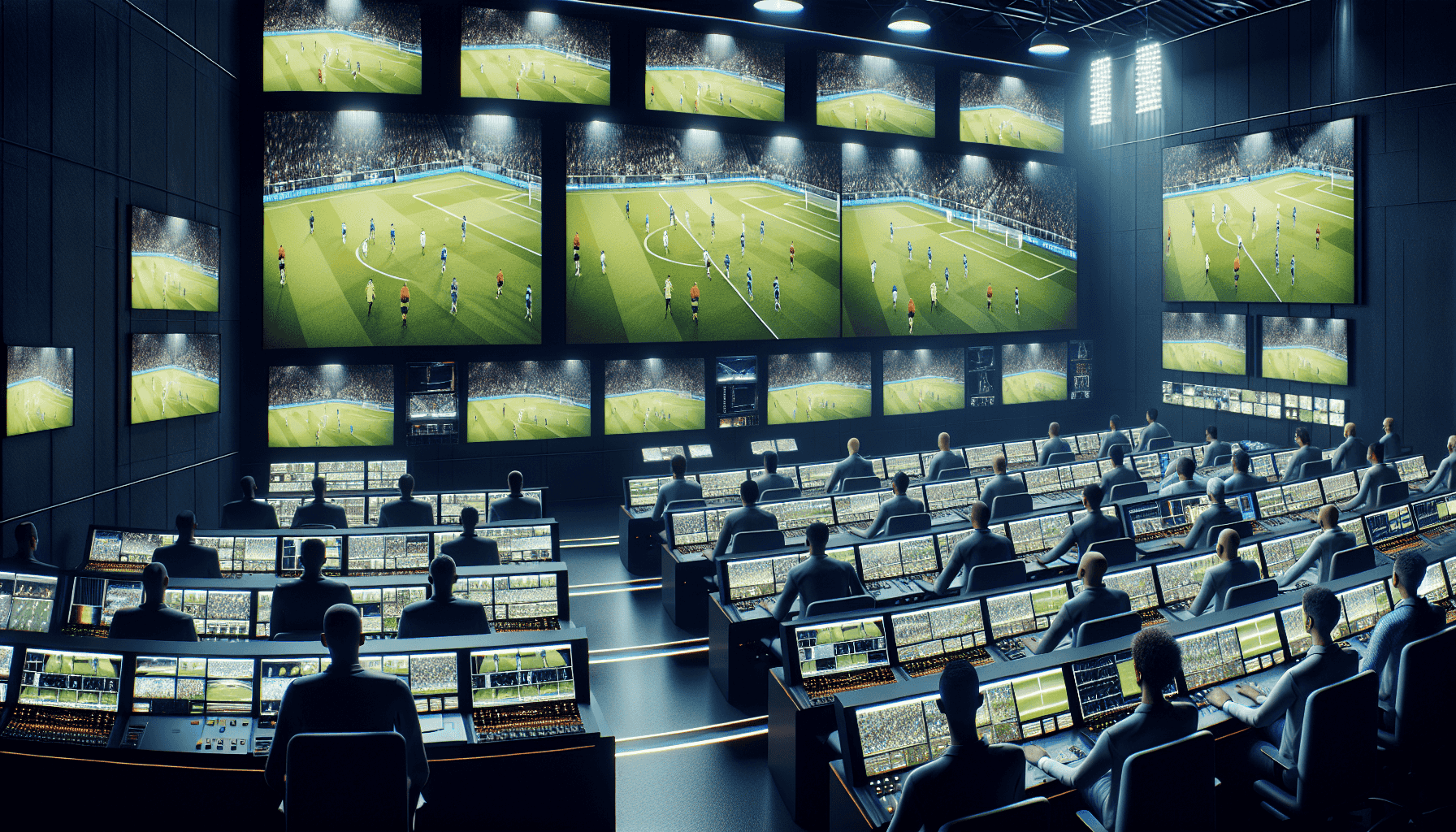 Sala de control del VAR con pantallas de fútbol